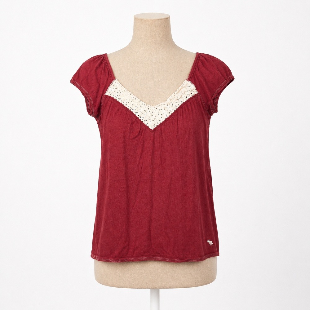 Vtg Y2K Abercrombie Crochet Lace V Neck Babydoll Top Sz M Red Preppy Bella Elana